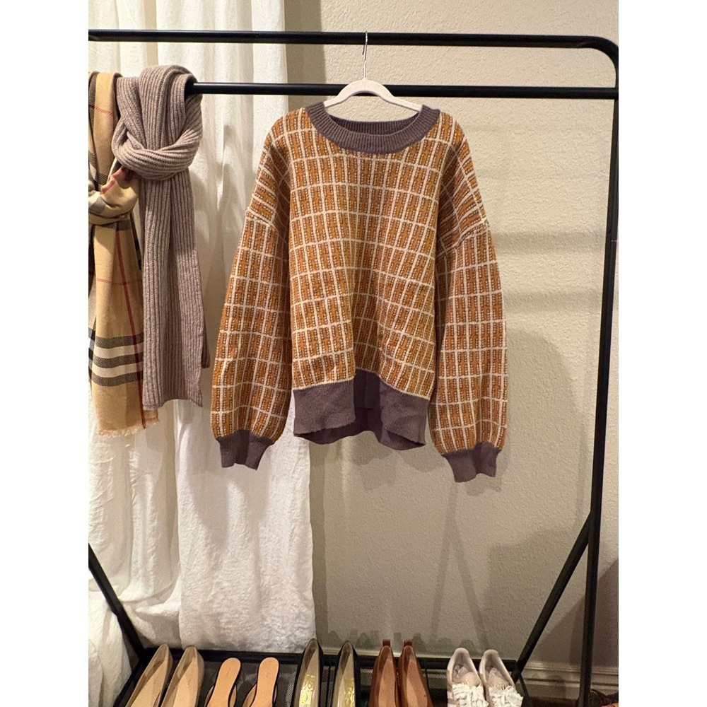 Lumiere Women Mustard Yellow Brown Grid Print Oversized Knit Sweater Small
